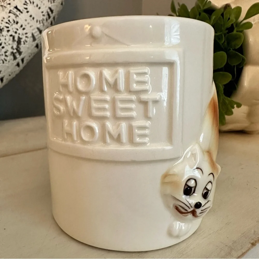 Vintage Quon Quon Home Sweet Home 3D Cat & Mouse Coffee Mug Ceramic 1980 Japan